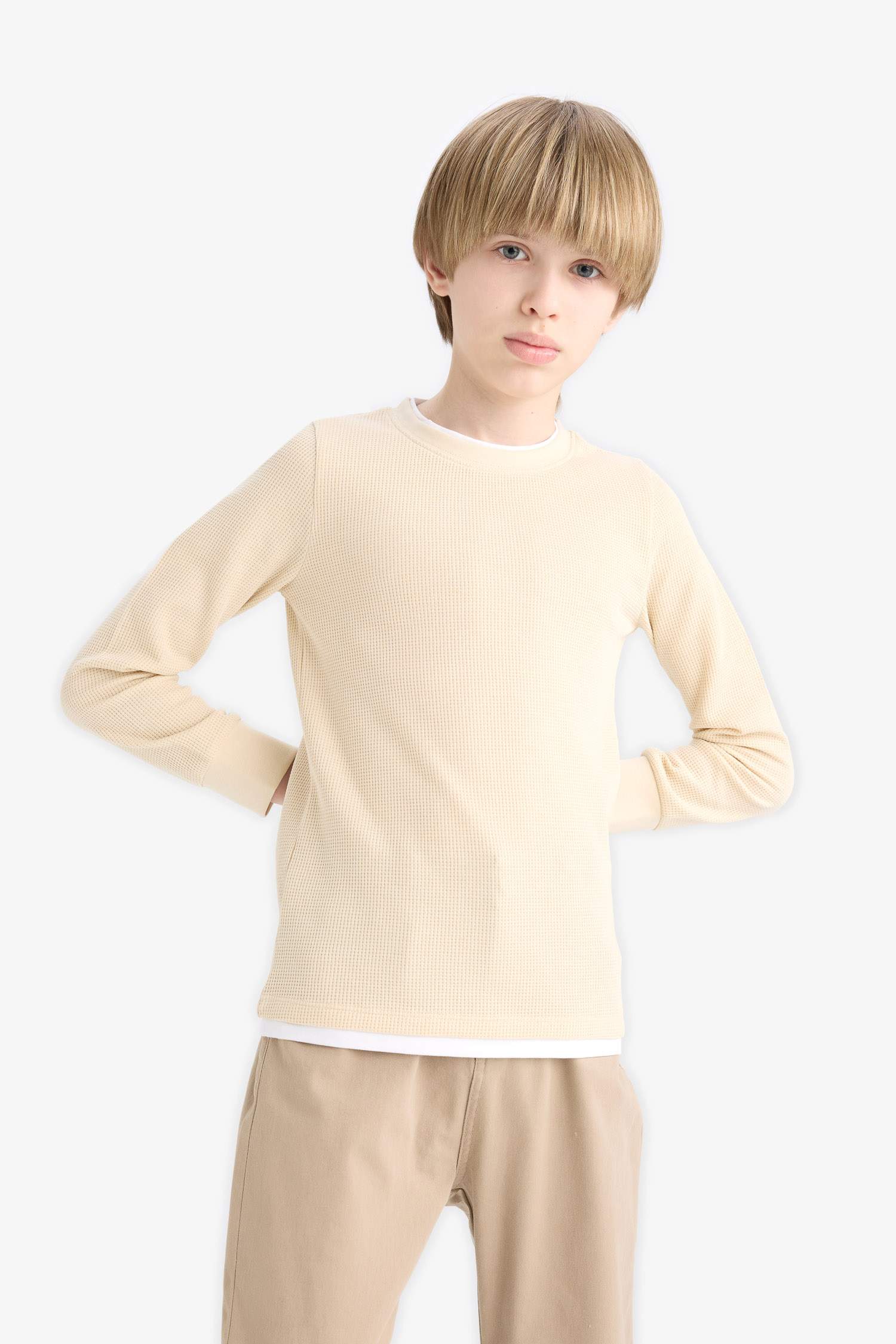 Boys' Crew Neck Basic Plain Waffle Long Sleeve School T-Shirt