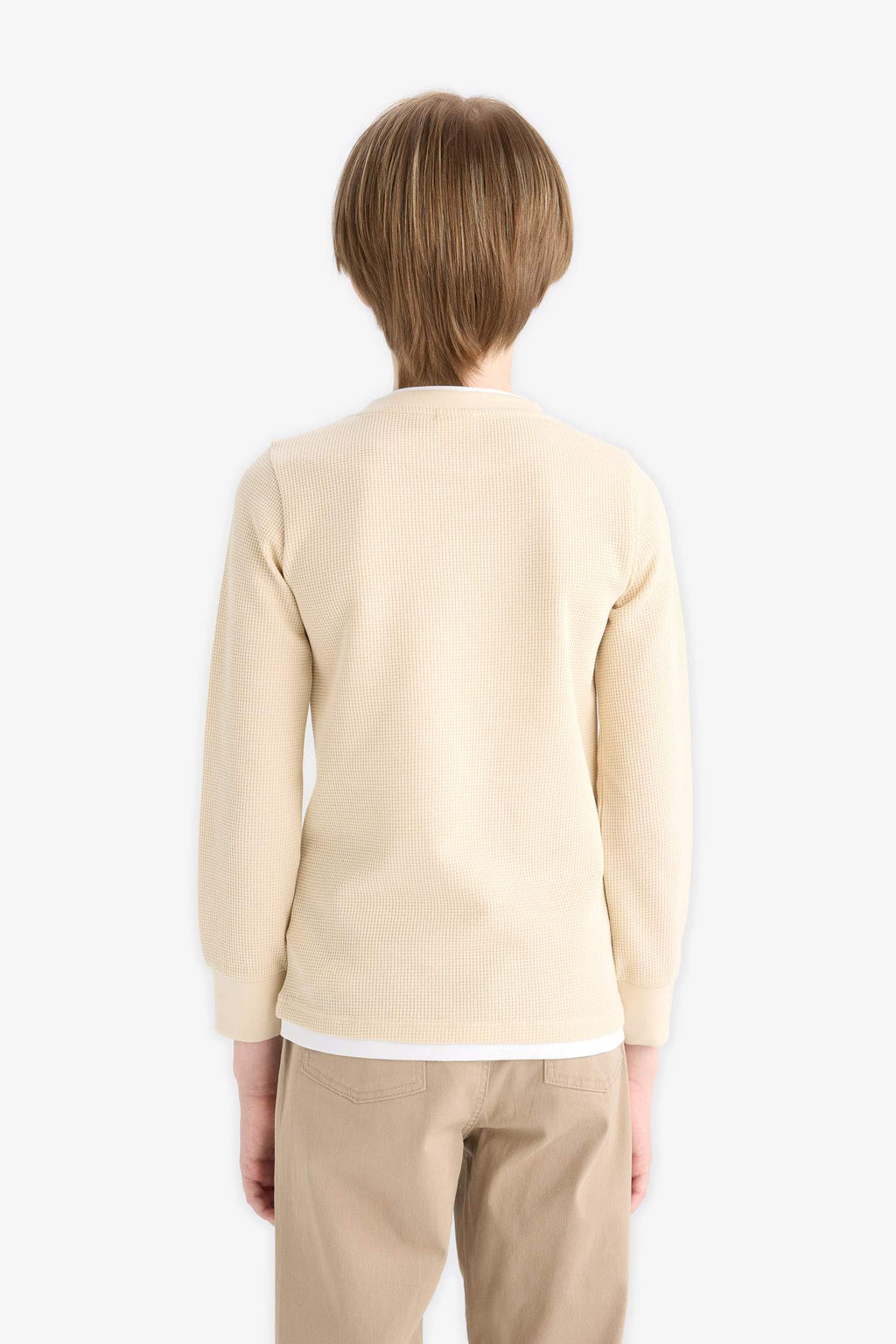 Boys' Crew Neck Basic Plain Waffle Long Sleeve School T-Shirt