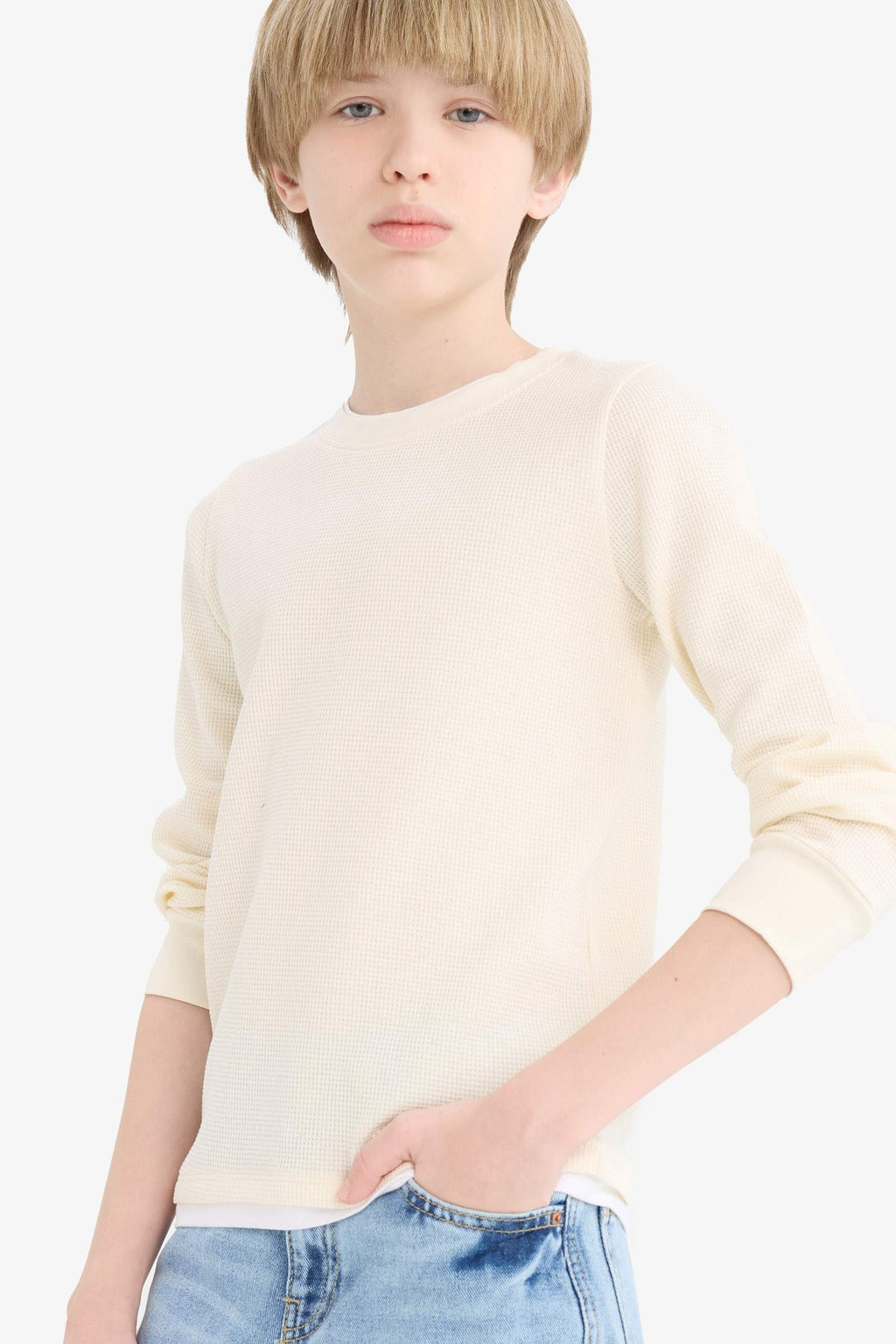 Boys' Crew Neck Basic Plain Waffle Long Sleeve School T-Shirt