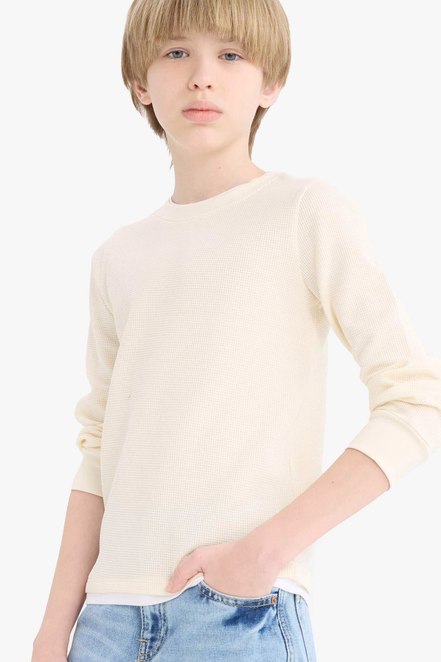 Boys' Crew Neck Basic Plain Waffle Long Sleeve School T-Shirt
