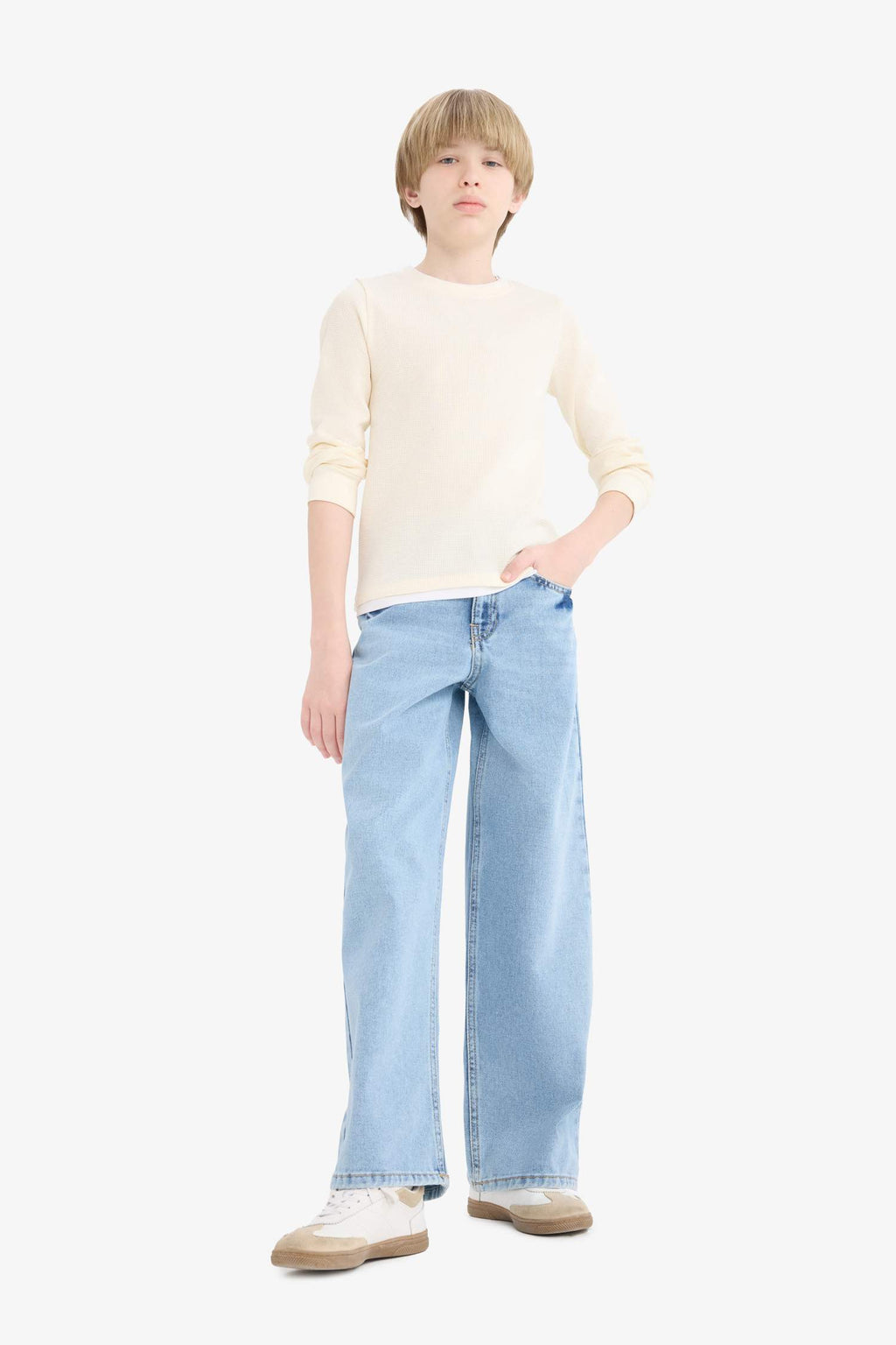 Boys' Crew Neck Basic Plain Waffle Long Sleeve School T-Shirt