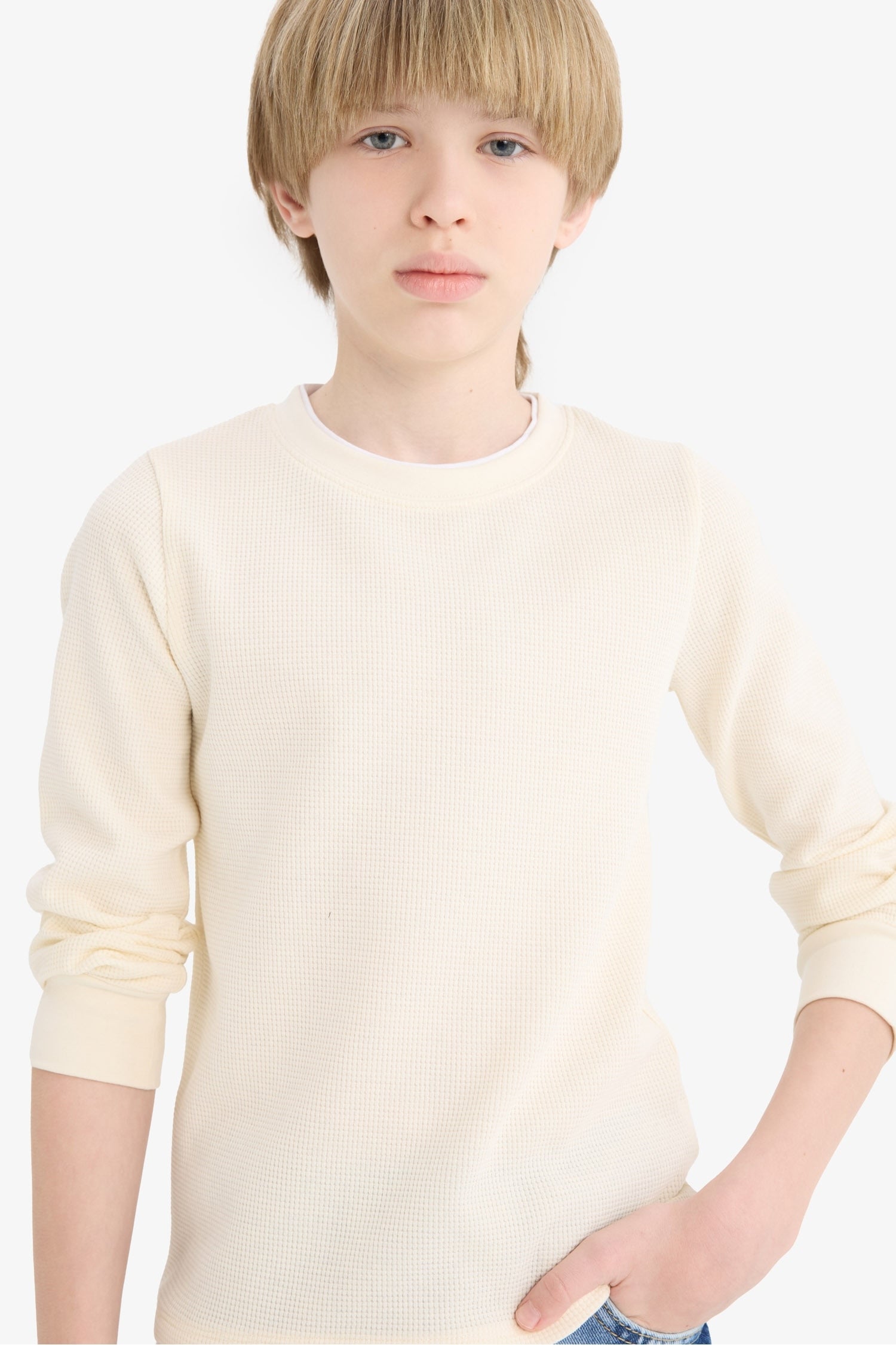 Boys' Crew Neck Basic Plain Waffle Long Sleeve School T-Shirt