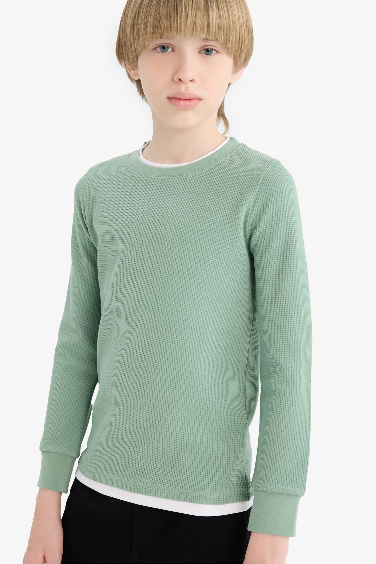 Boys' Crew Neck Basic Plain Waffle Long Sleeve School T-Shirt