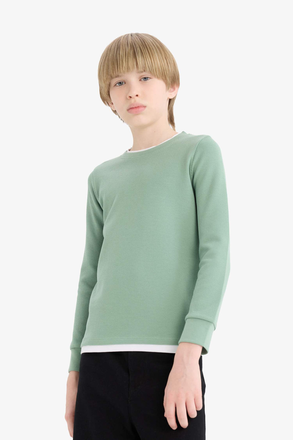 Boys' Crew Neck Basic Plain Waffle Long Sleeve School T-Shirt