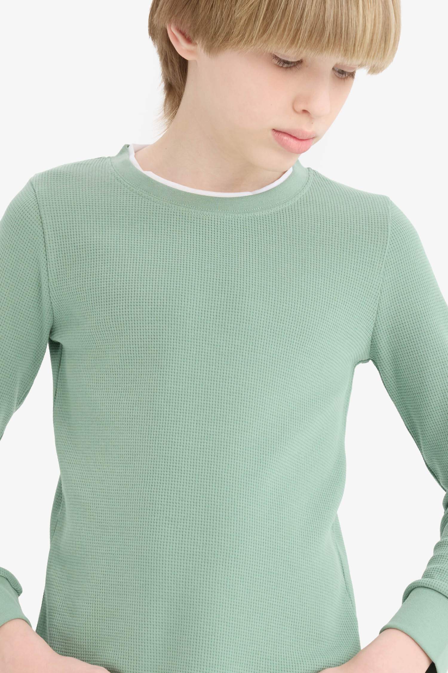 Boys' Crew Neck Basic Plain Waffle Long Sleeve School T-Shirt
