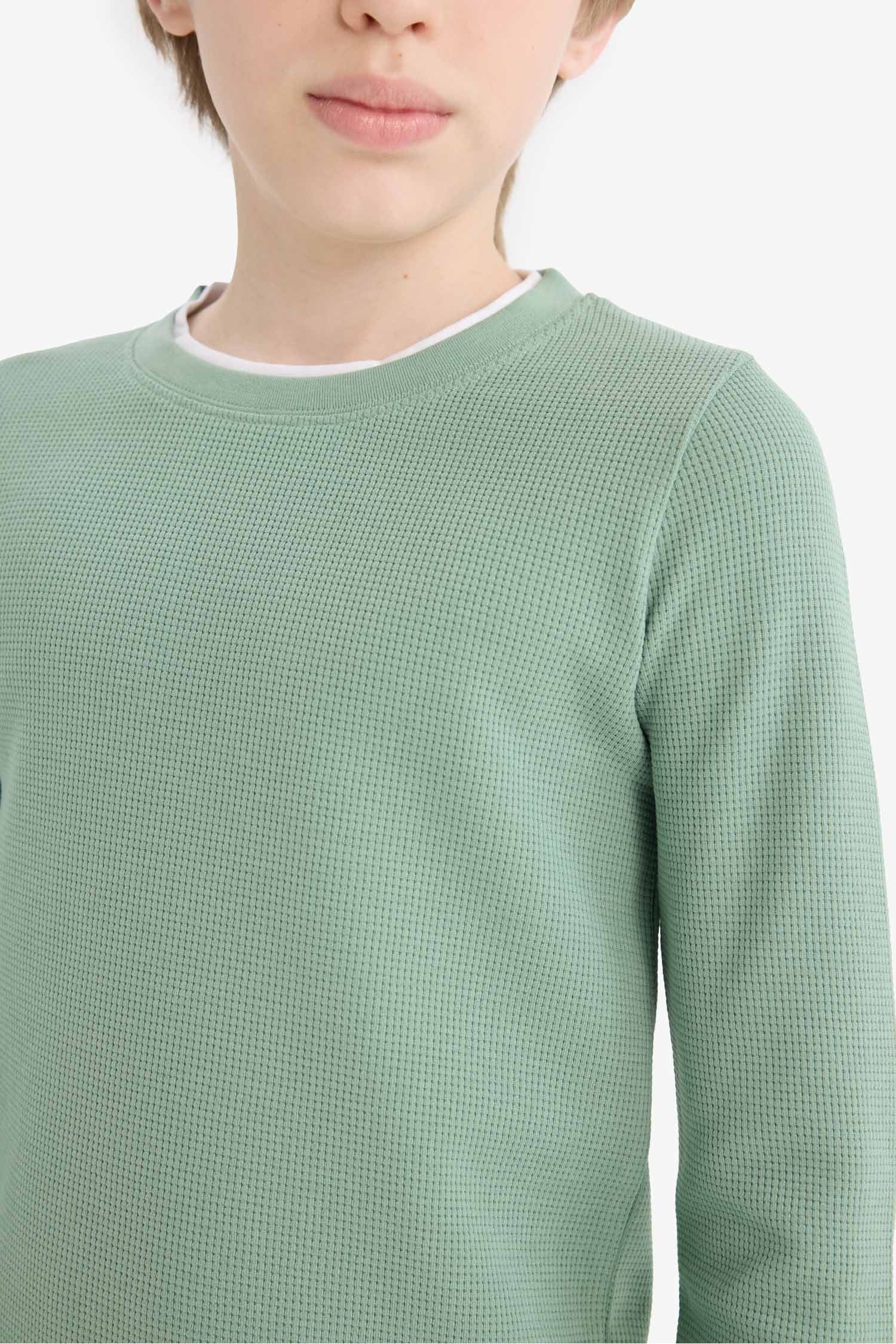 Boys' Crew Neck Basic Plain Waffle Long Sleeve School T-Shirt
