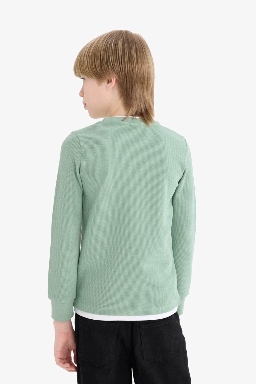 Boys' Crew Neck Basic Plain Waffle Long Sleeve School T-Shirt