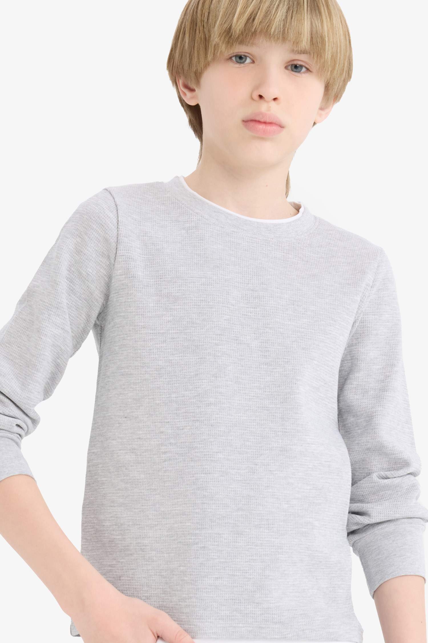 Boys' Crew Neck Basic Plain Waffle Long Sleeve School T-Shirt