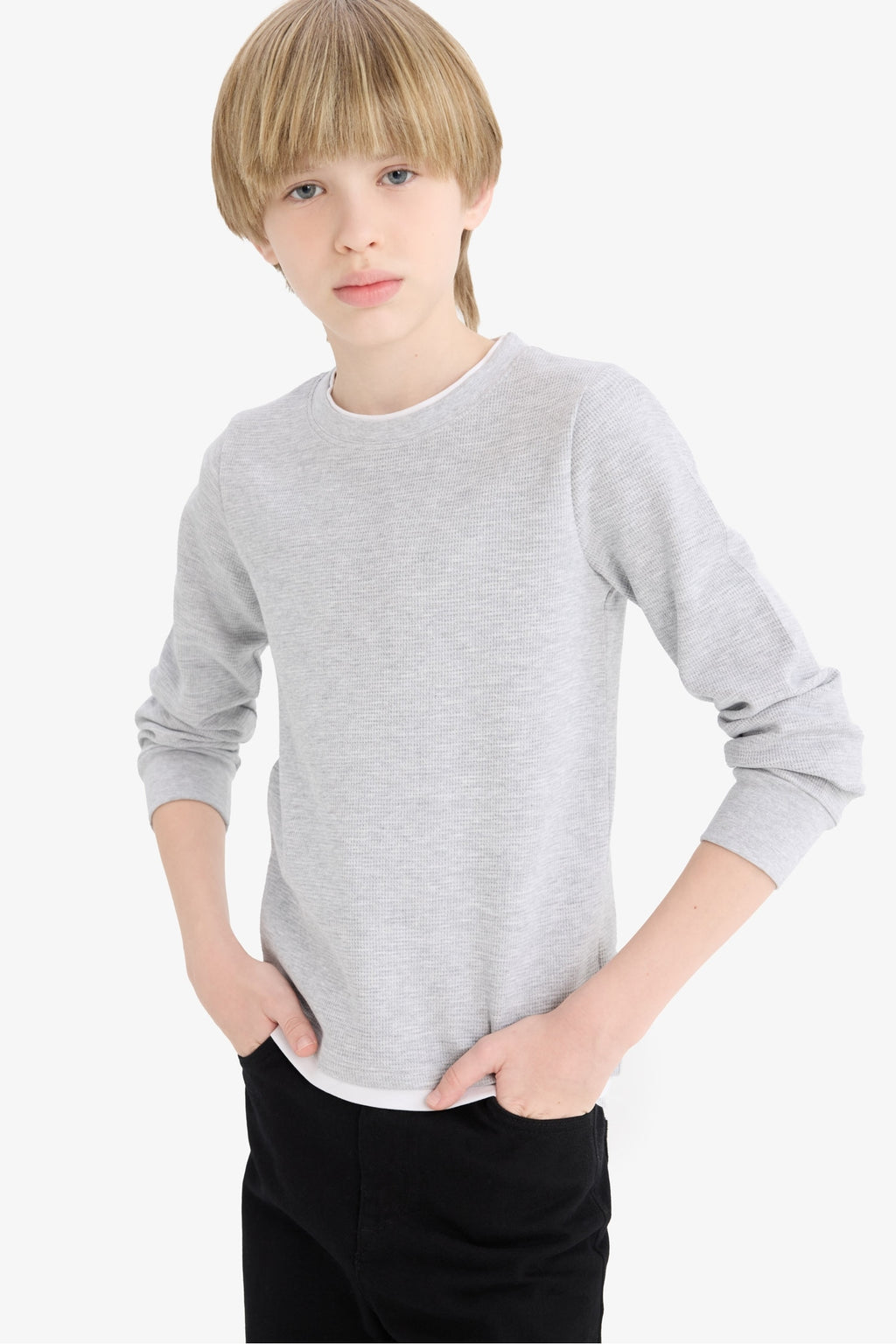 Boys' Crew Neck Basic Plain Waffle Long Sleeve School T-Shirt