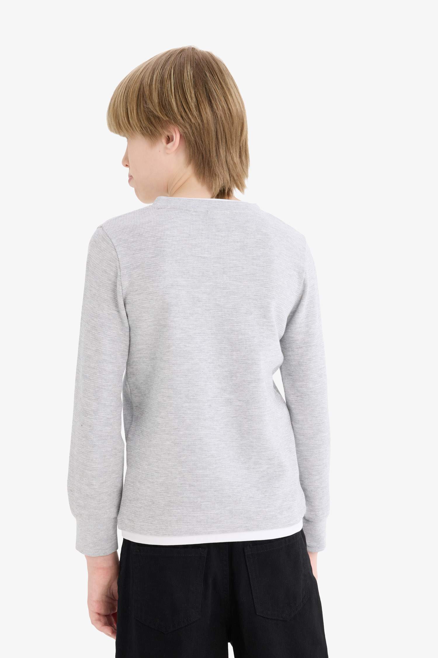 Boys' Crew Neck Basic Plain Waffle Long Sleeve School T-Shirt