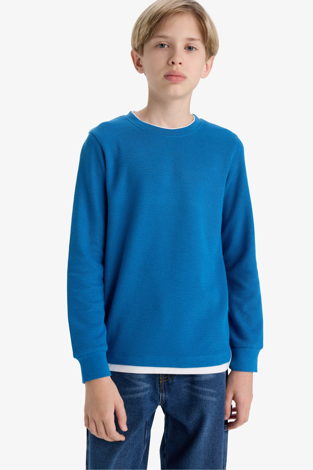 Boys' Crew Neck Basic Plain Waffle Long Sleeve School T-Shirt