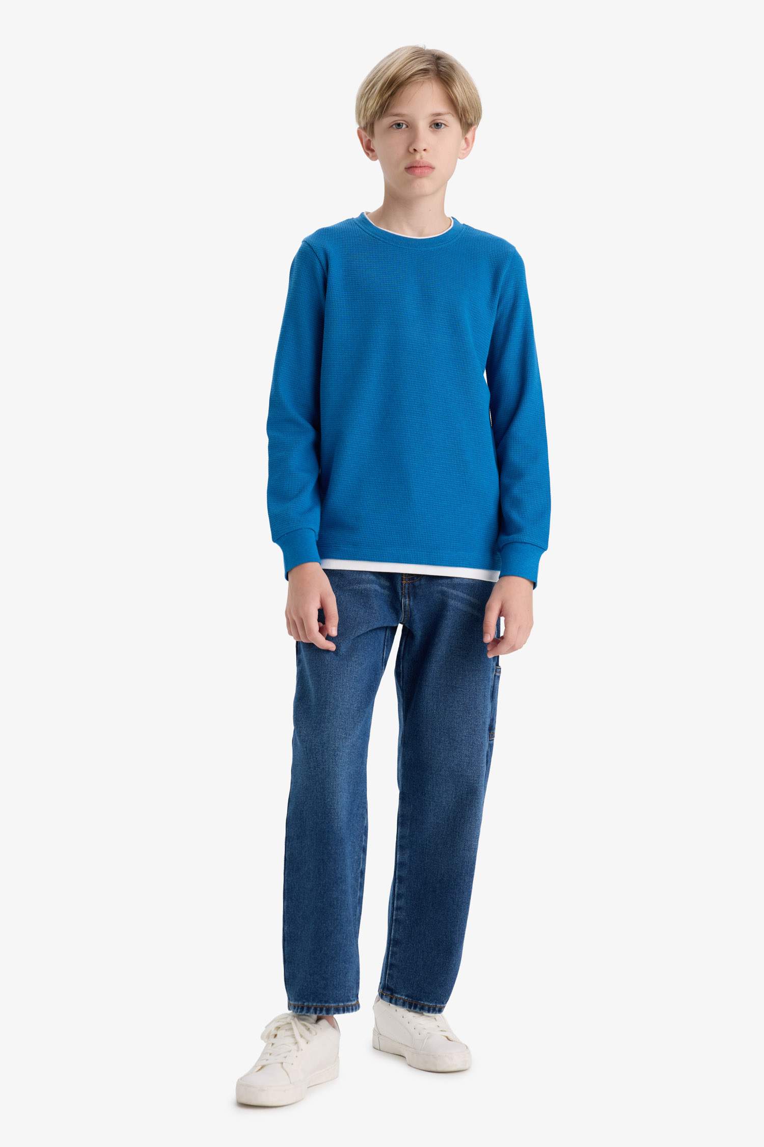 Boys' Crew Neck Basic Plain Waffle Long Sleeve School T-Shirt