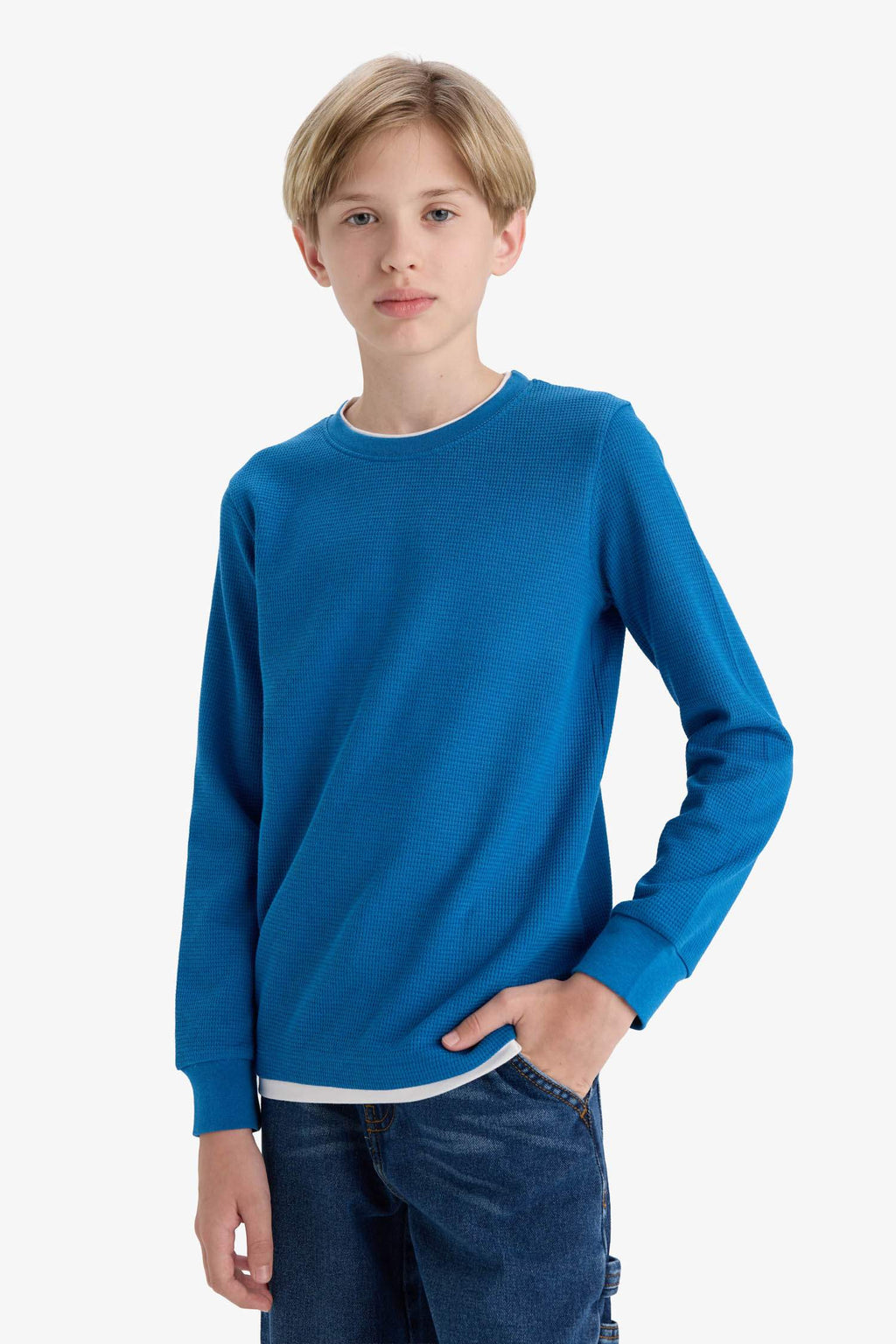 Boys' Crew Neck Basic Plain Waffle Long Sleeve School T-Shirt
