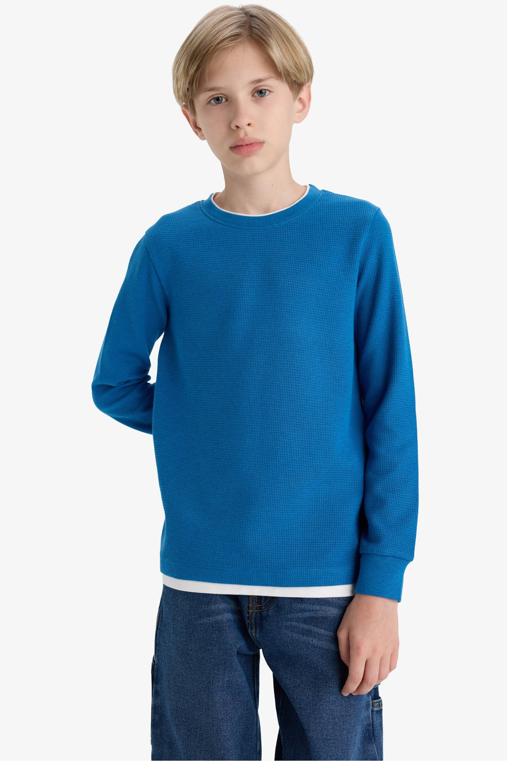Boys' Crew Neck Basic Plain Waffle Long Sleeve School T-Shirt