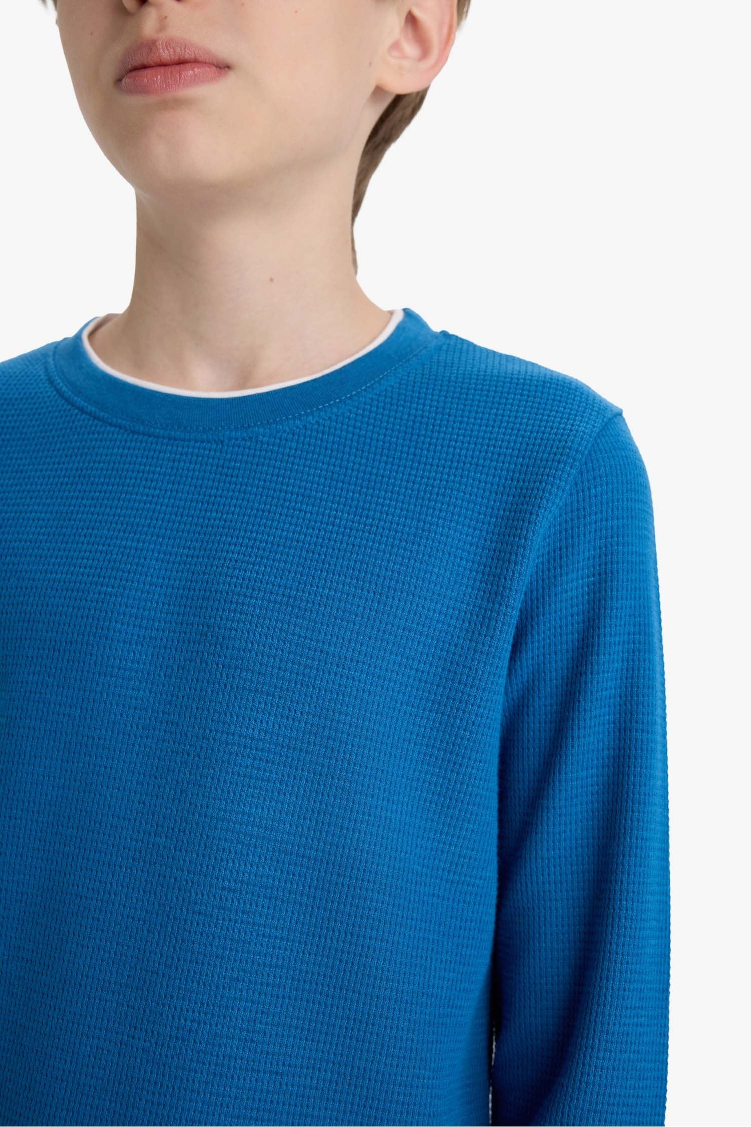 Boys' Crew Neck Basic Plain Waffle Long Sleeve School T-Shirt