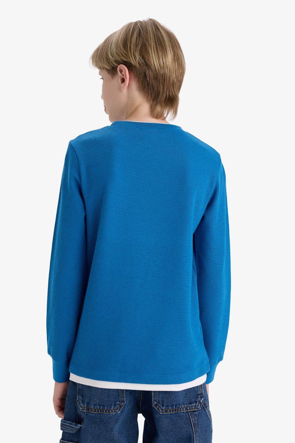 Boys' Crew Neck Basic Plain Waffle Long Sleeve School T-Shirt