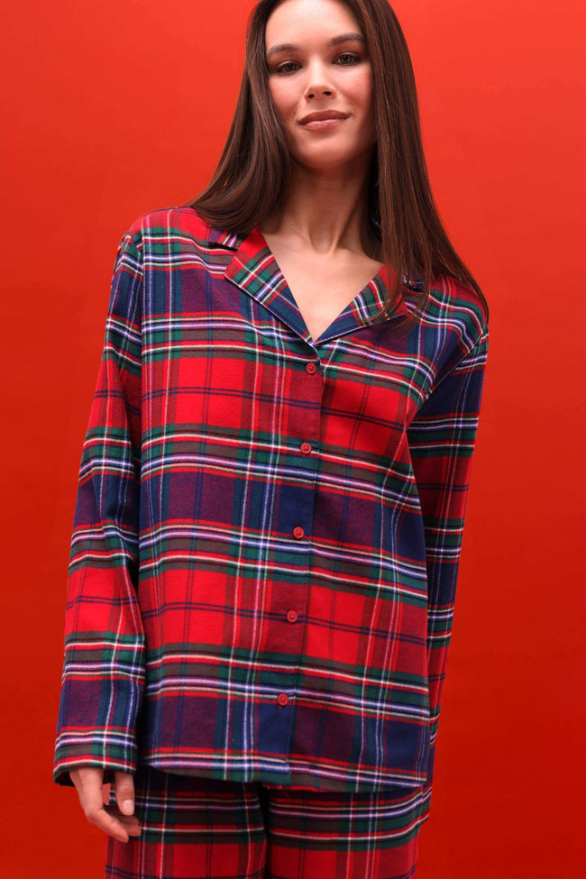 Pajama Set Regular Fit Flannel Plaid Long-Sleeved Top and Long Bottoms Main Image
