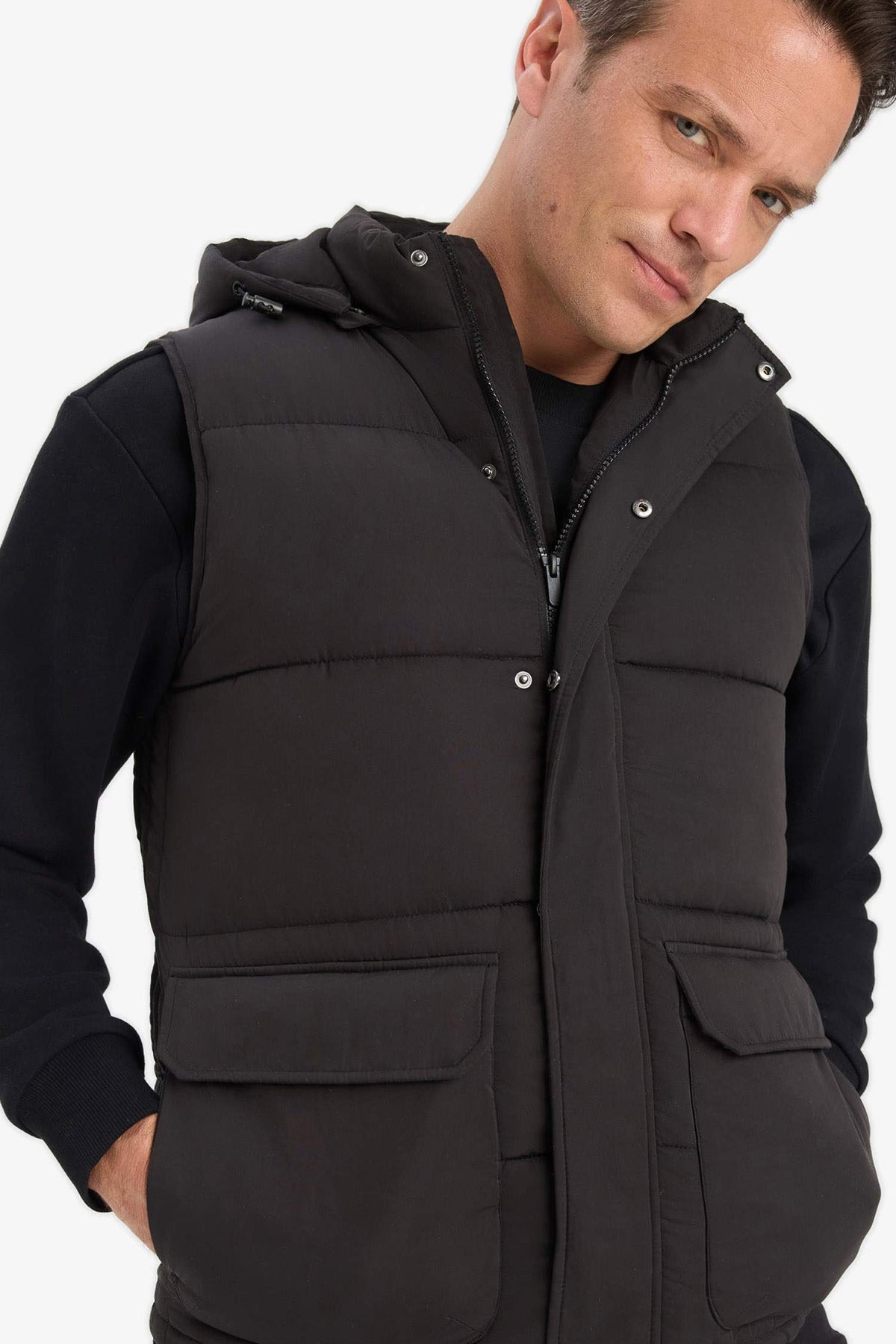 Waterproof Regular Fit Hooded Zippered Puffer Vest with Inner Pocket
