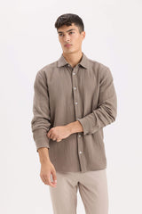 Regular Fit Polo Collar Muslin Long Sleeve Shirt