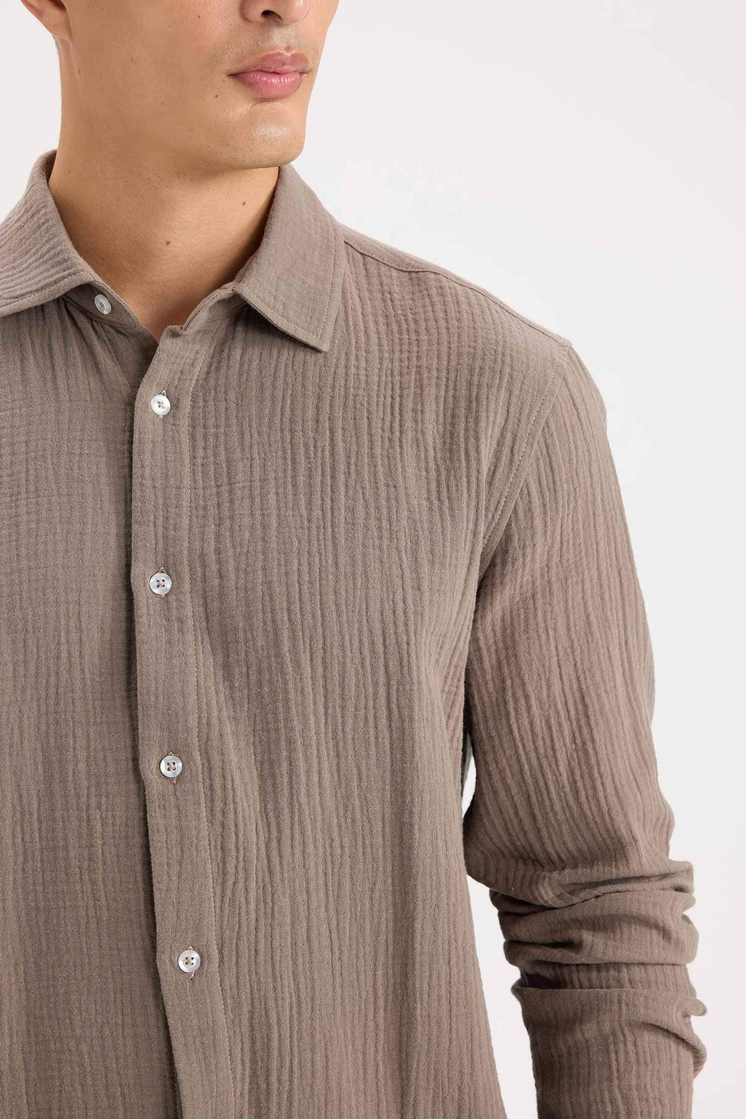 Regular Fit Polo Collar Muslin Long Sleeve Shirt