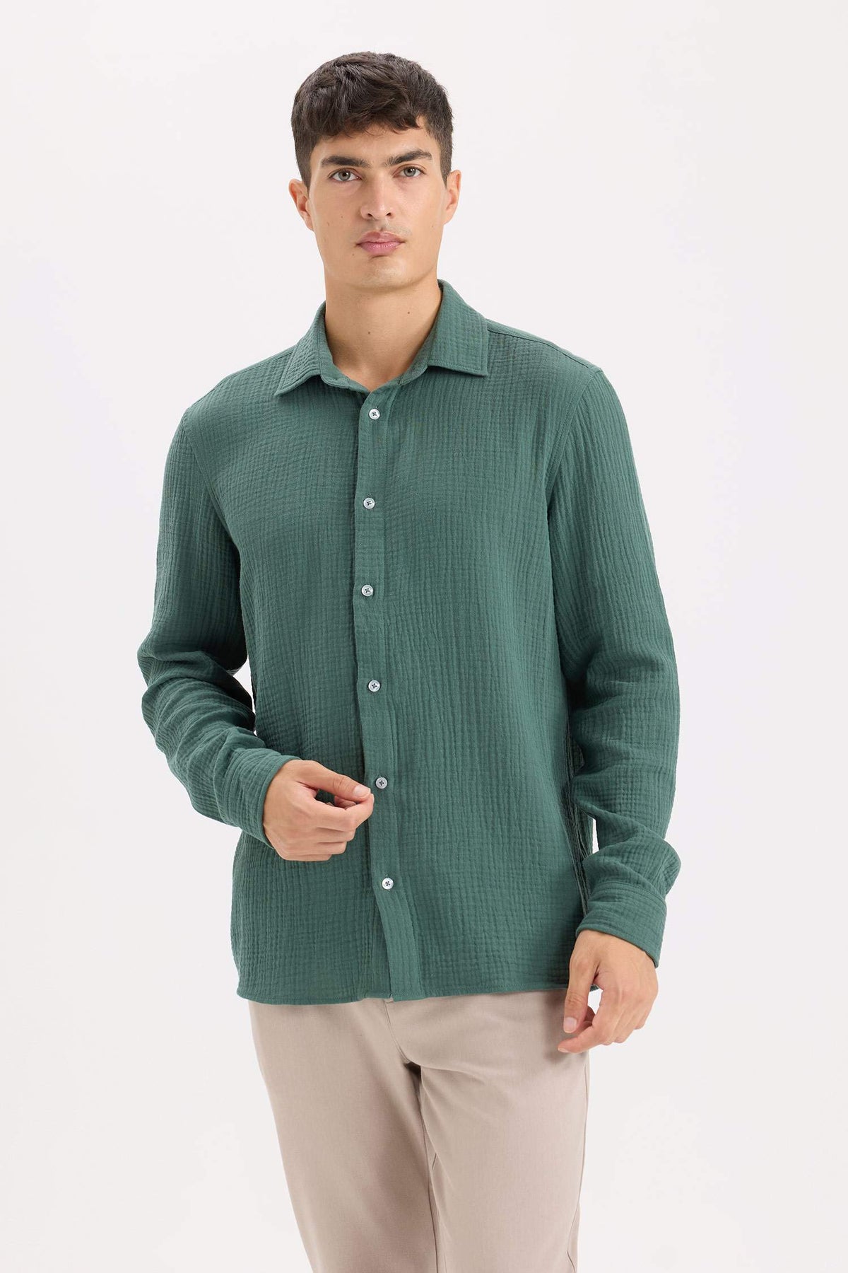 Regular Fit Polo Collar Muslin Long Sleeve Shirt