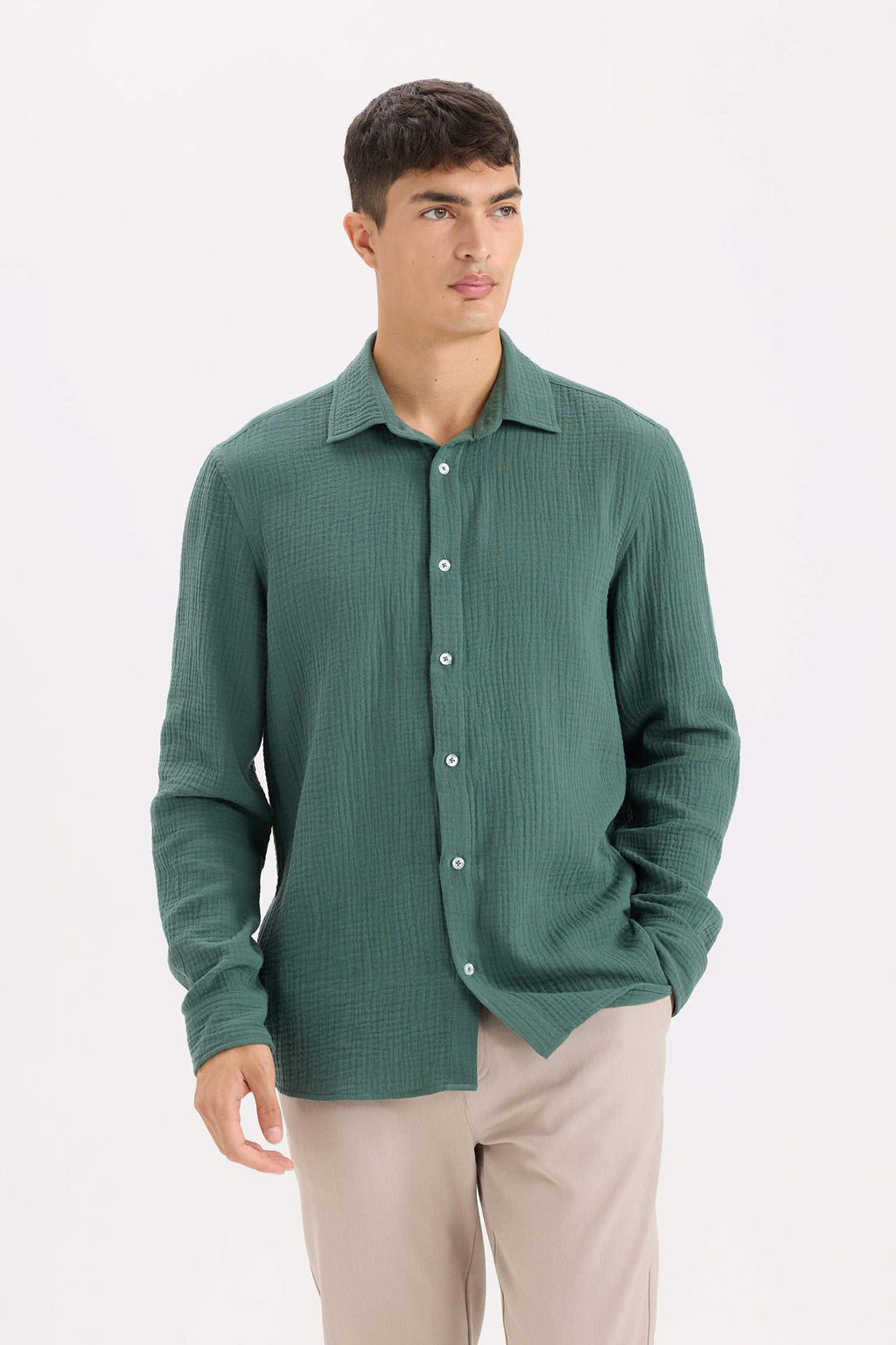 Regular Fit Polo Collar Muslin Long Sleeve Shirt