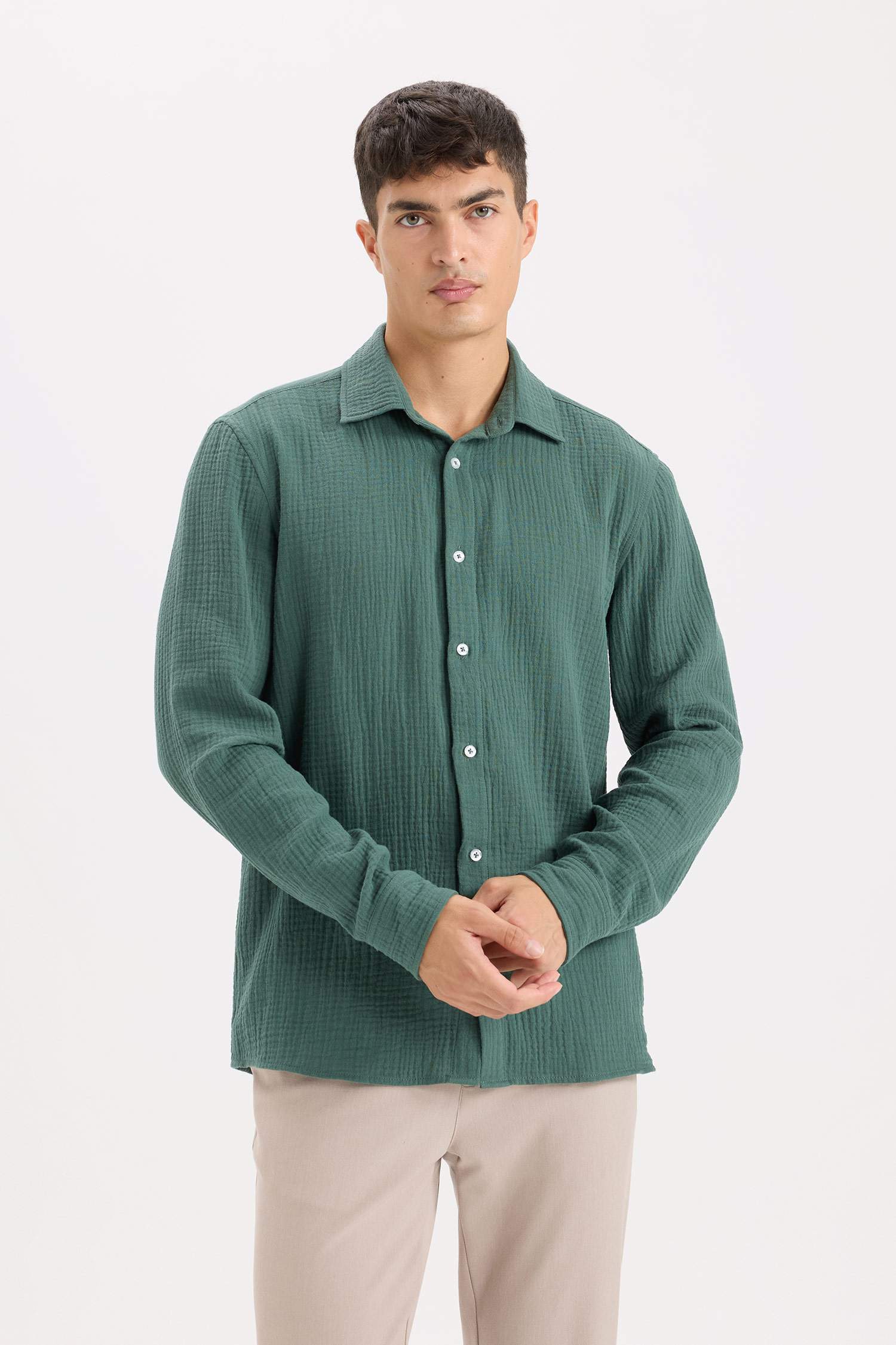 Regular Fit Polo Collar Muslin Long Sleeve Shirt