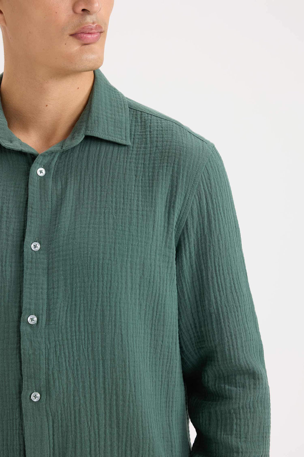 Regular Fit Polo Collar Muslin Long Sleeve Shirt