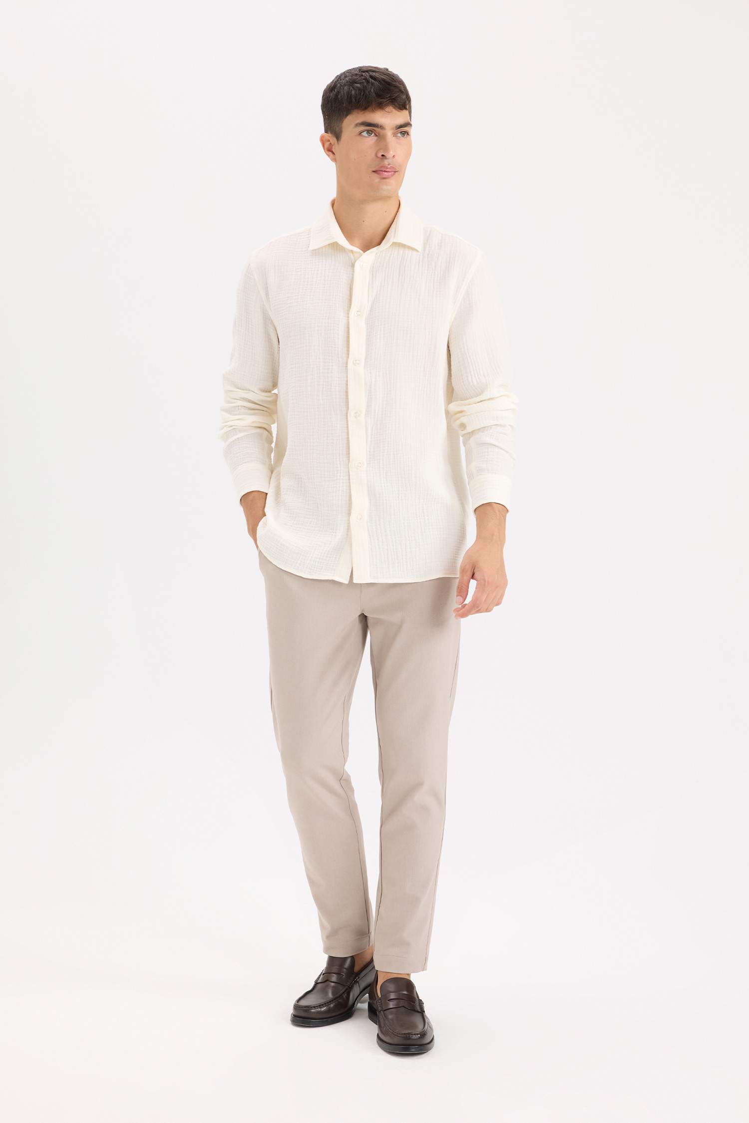 Regular Fit Polo Collar Muslin Long Sleeve Shirt