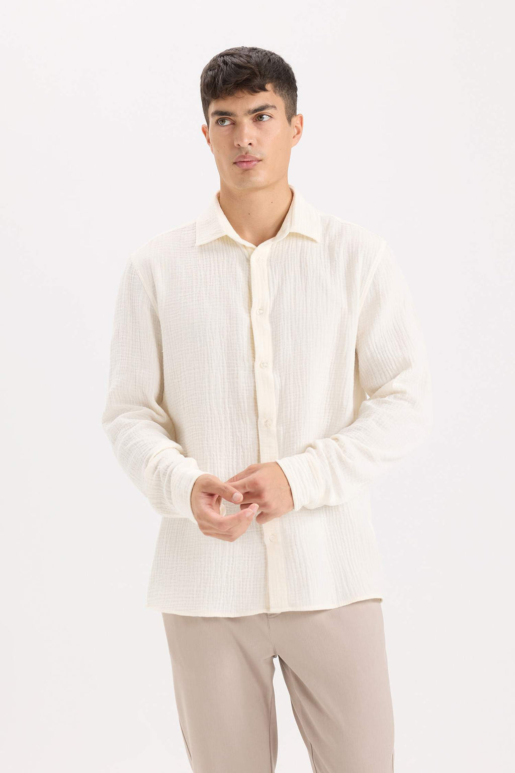 Regular Fit Polo Collar Muslin Long Sleeve Shirt