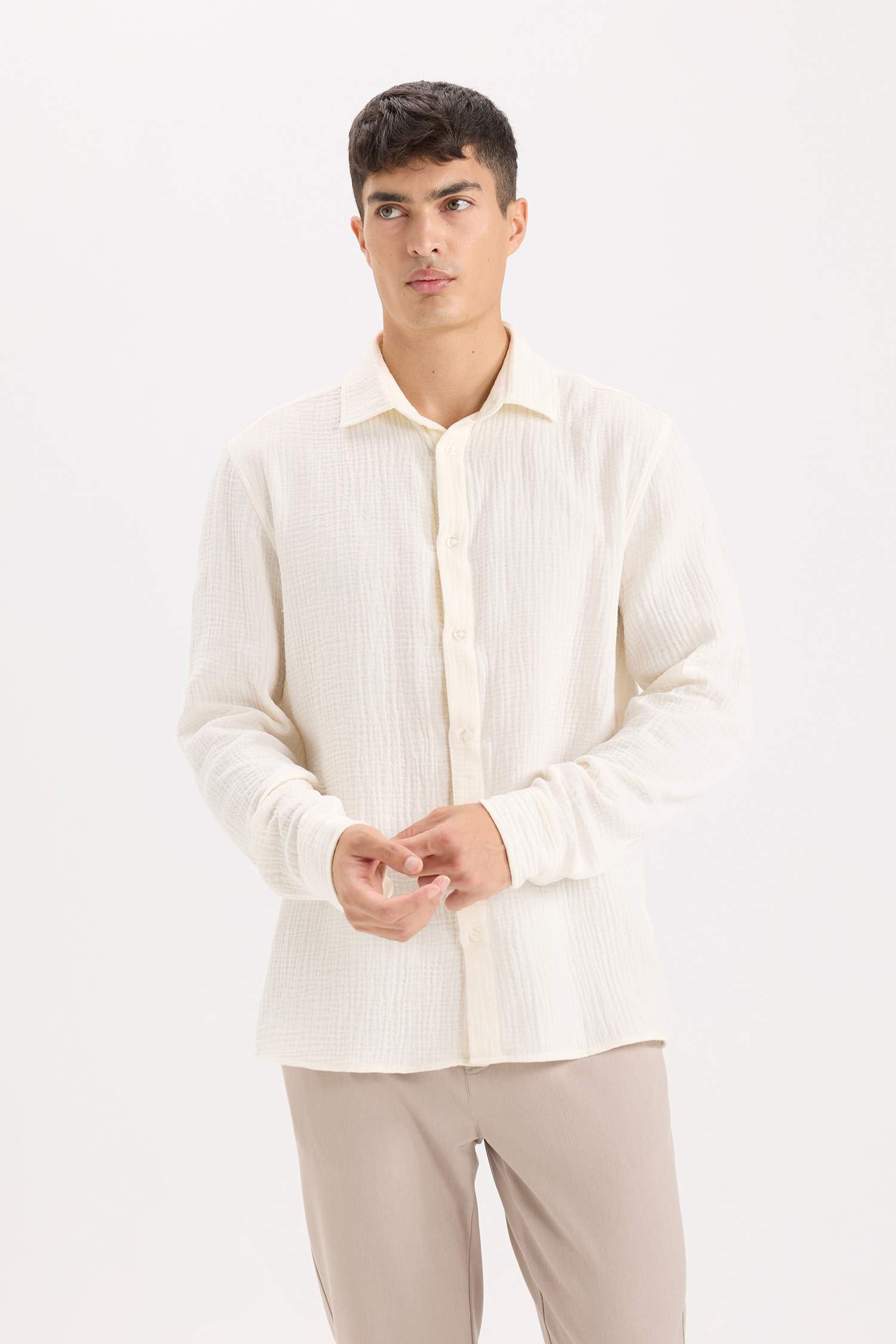 Regular Fit Polo Collar Muslin Long Sleeve Shirt