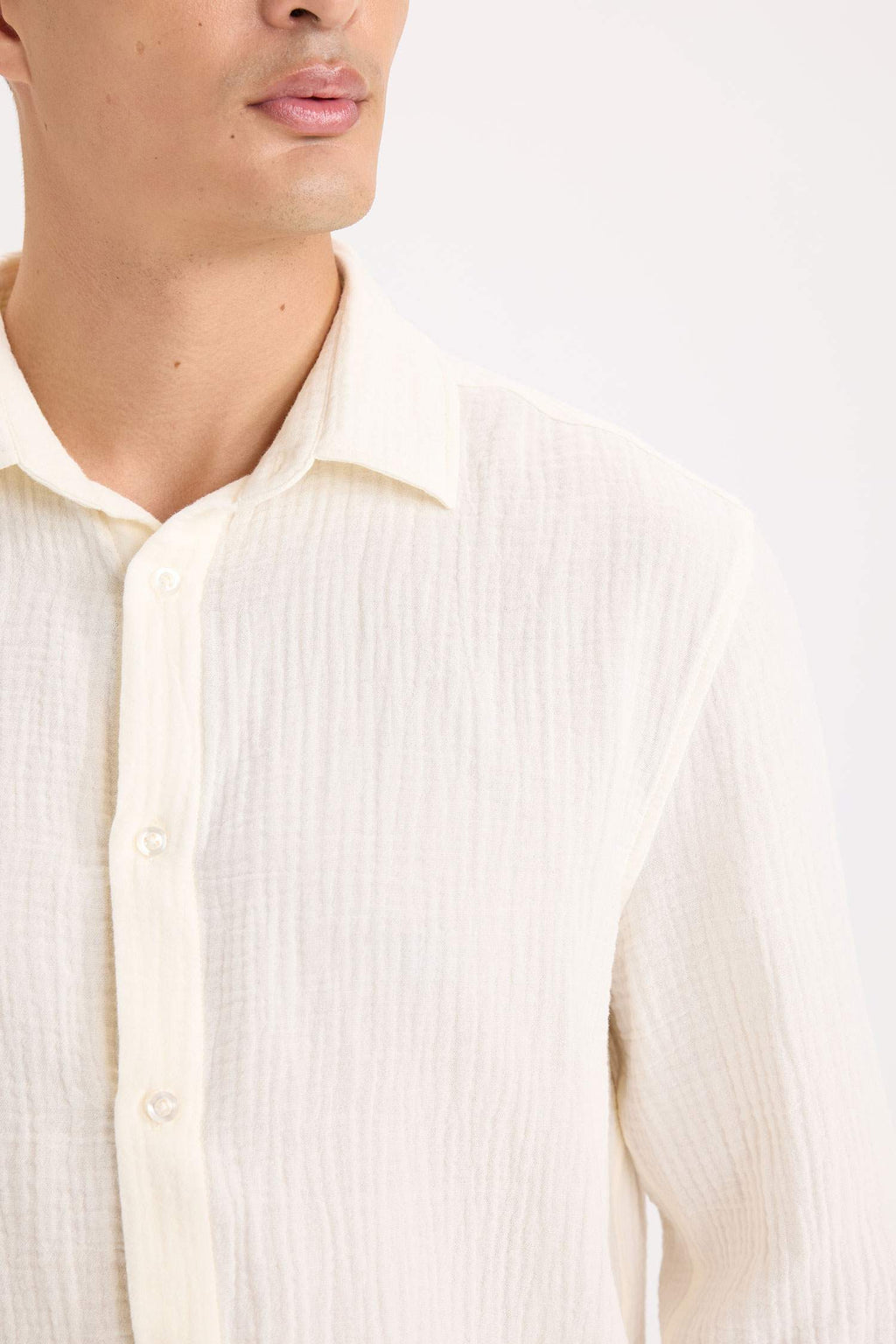 Regular Fit Polo Collar Muslin Long Sleeve Shirt