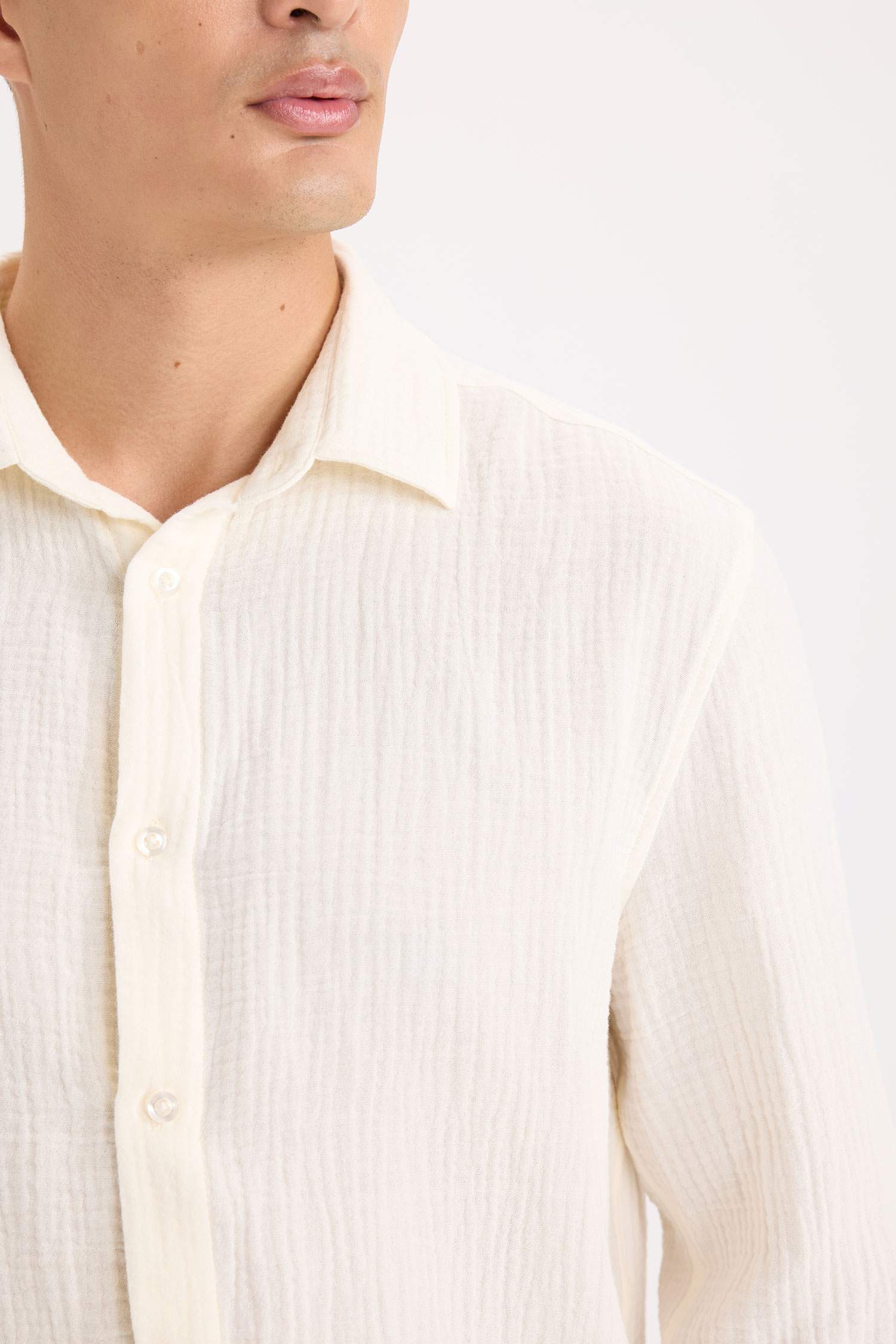 Regular Fit Polo Collar Muslin Long Sleeve Shirt