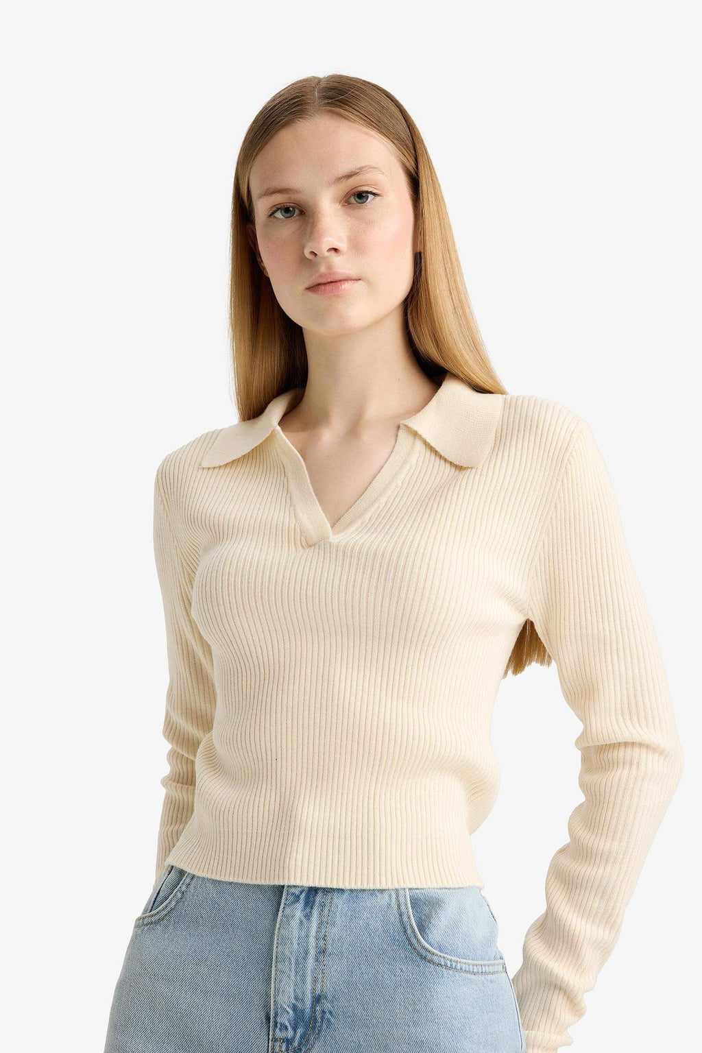 Slim Fit Narrow Cut Polo Collar Knit Sweater