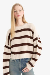 Oversize Wide Pattern Crew Neck Striped Knitwear Sweater