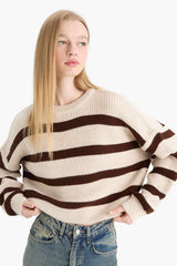 Oversize Wide Pattern Crew Neck Striped Knitwear Sweater