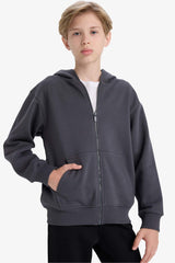 boys Basic Plain School Zippered Hooded Sweatshirt