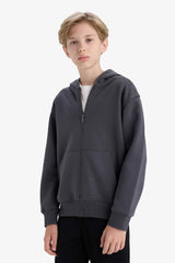 boys Basic Plain School Zippered Hooded Sweatshirt
