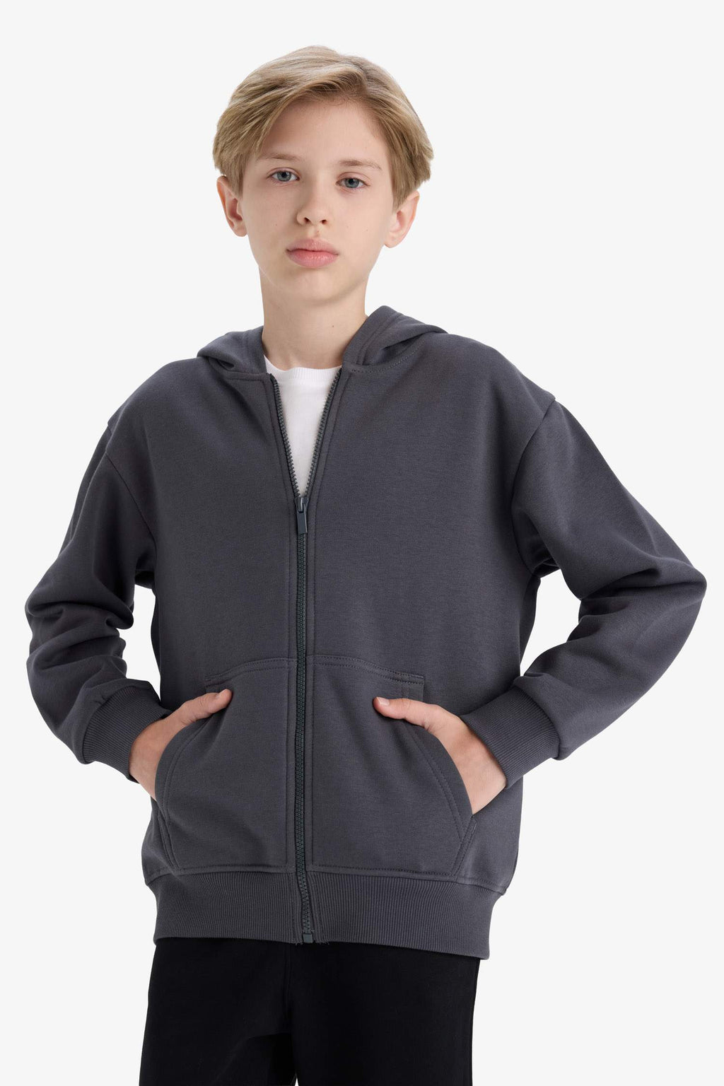 boys Basic Plain School Zippered Hooded Sweatshirt