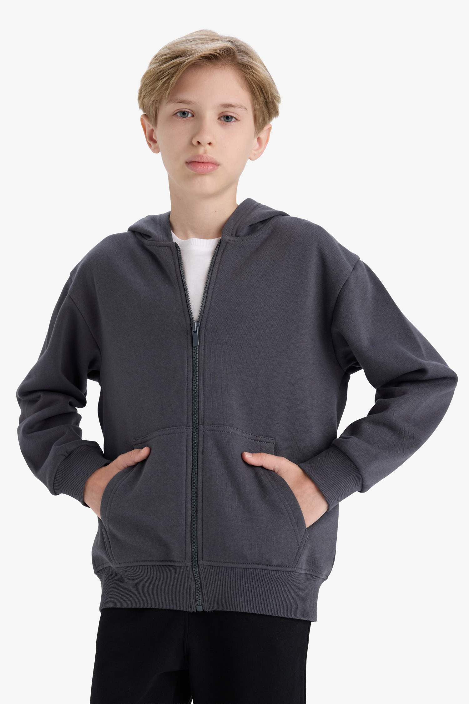 boys Basic Plain School Zippered Hooded Sweatshirt