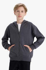 boys Basic Plain School Zippered Hooded Sweatshirt