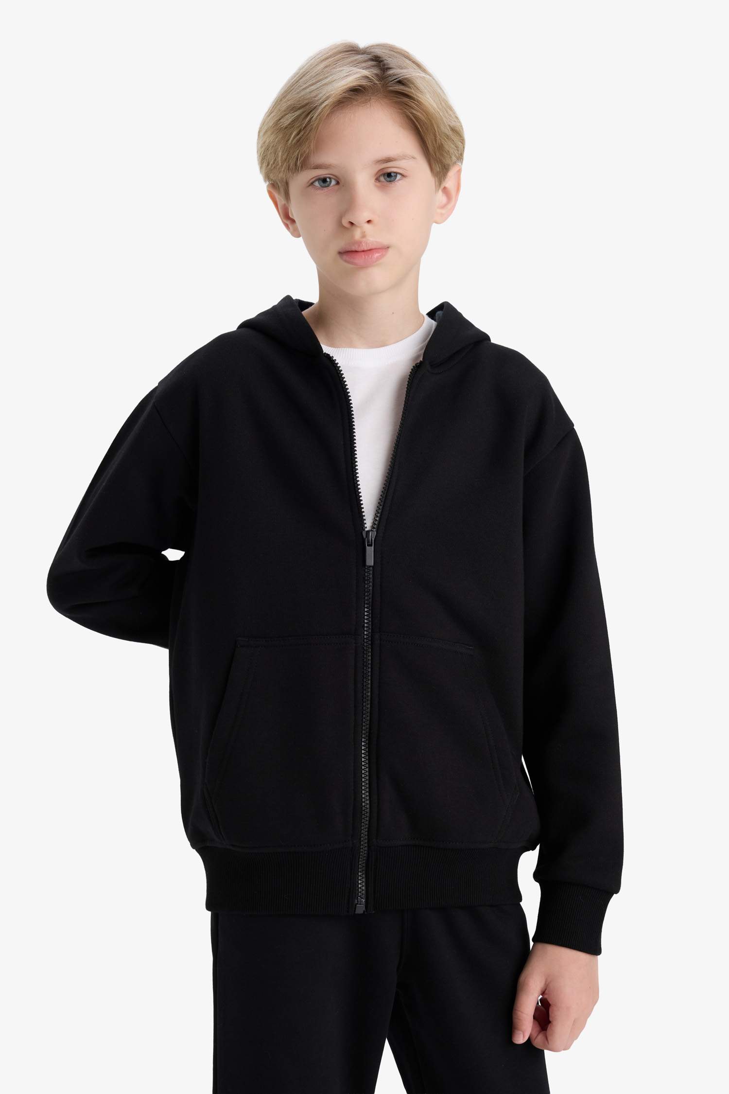 boys Basic Plain School Zippered Hooded Sweatshirt