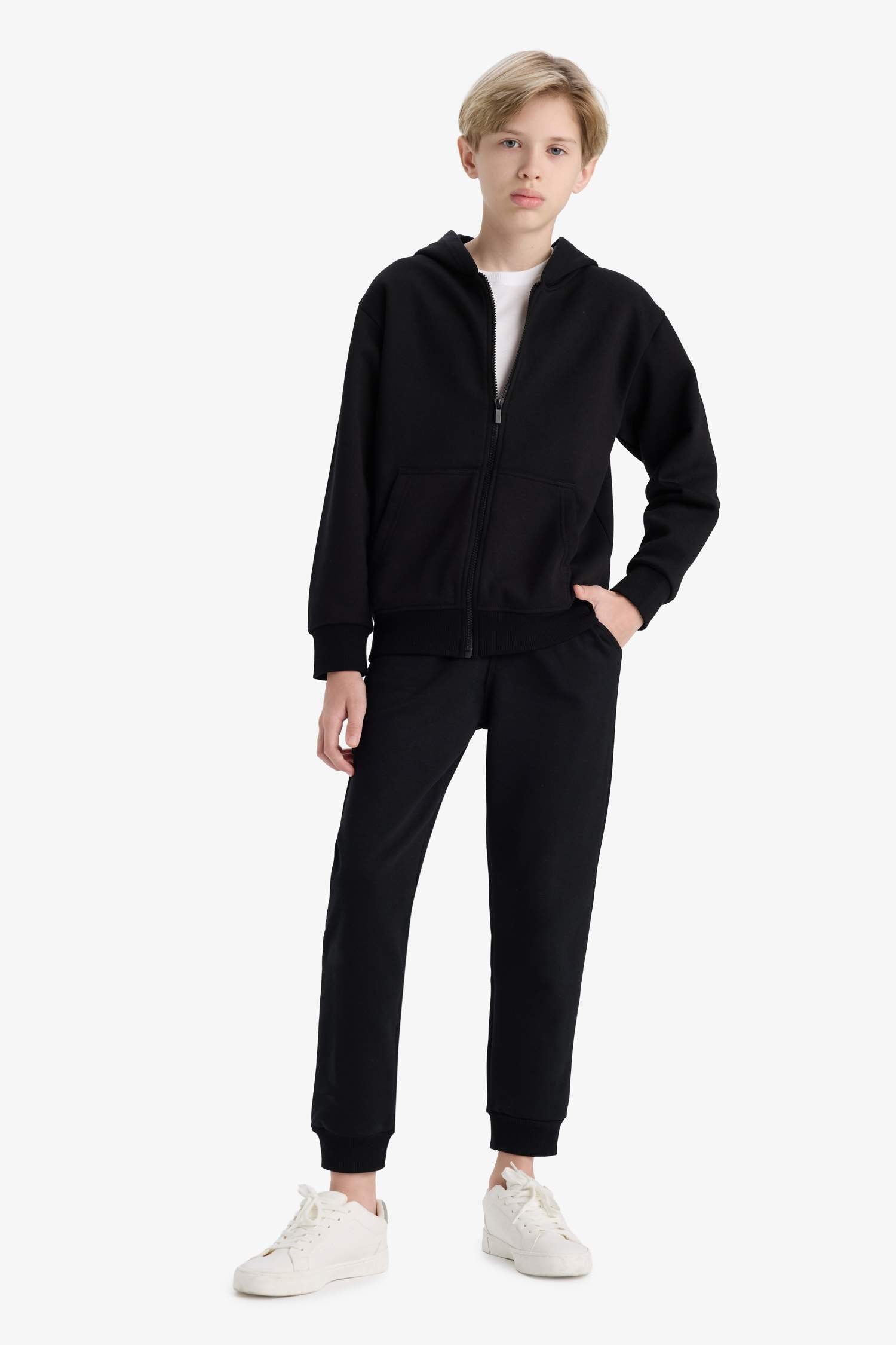 boys Basic Plain School Zippered Hooded Sweatshirt