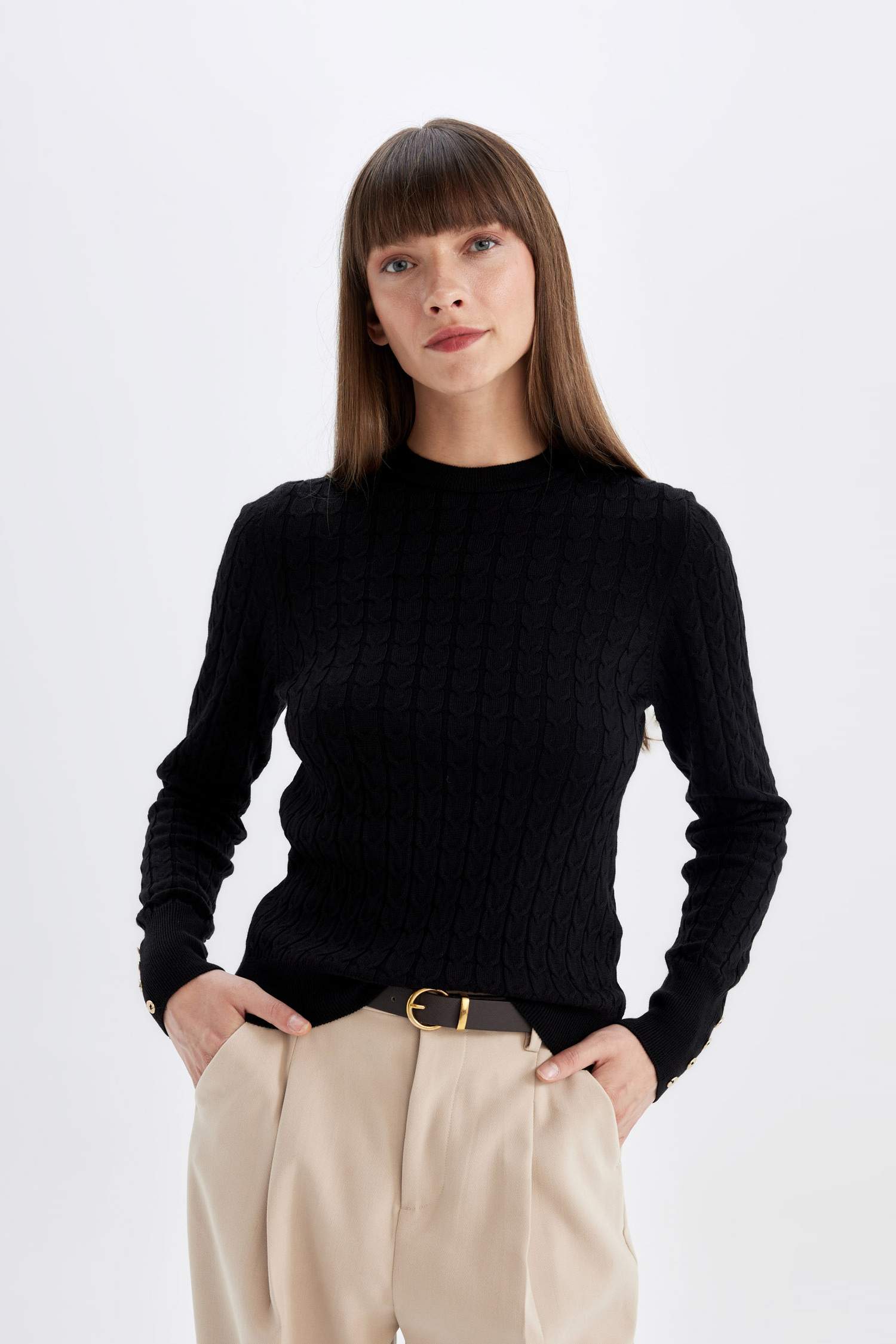 Regular Fit Crew Neck Knitted Buttoned Black Knitted Pullover