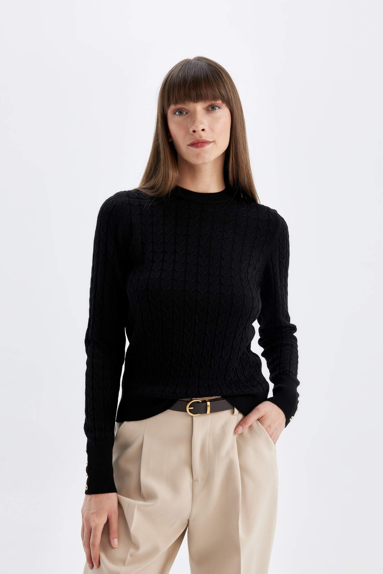 Regular Fit Crew Neck Knitted Buttoned Black Knitted Pullover