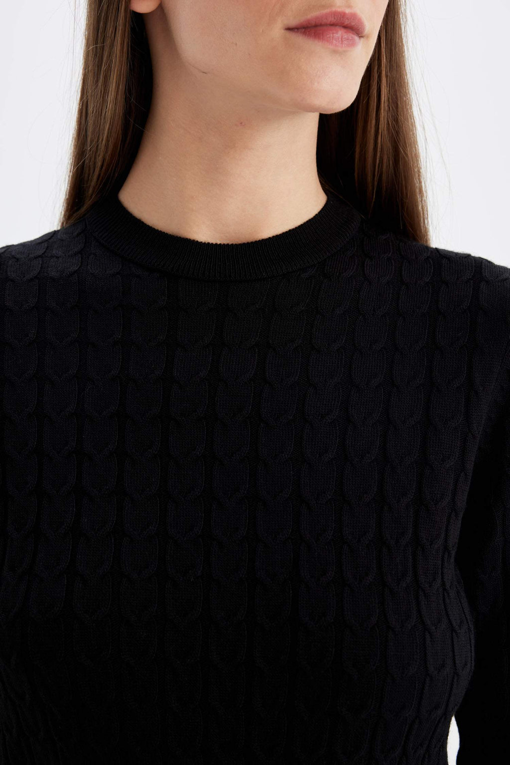 Regular Fit Crew Neck Knitted Buttoned Black Knitted Pullover