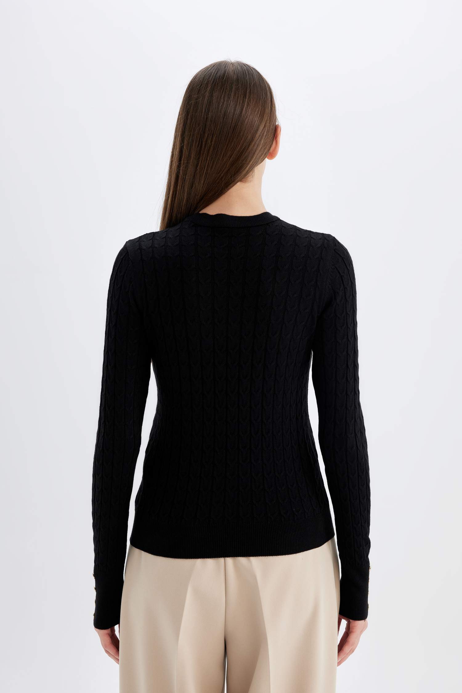 Regular Fit Crew Neck Knitted Buttoned Black Knitted Pullover