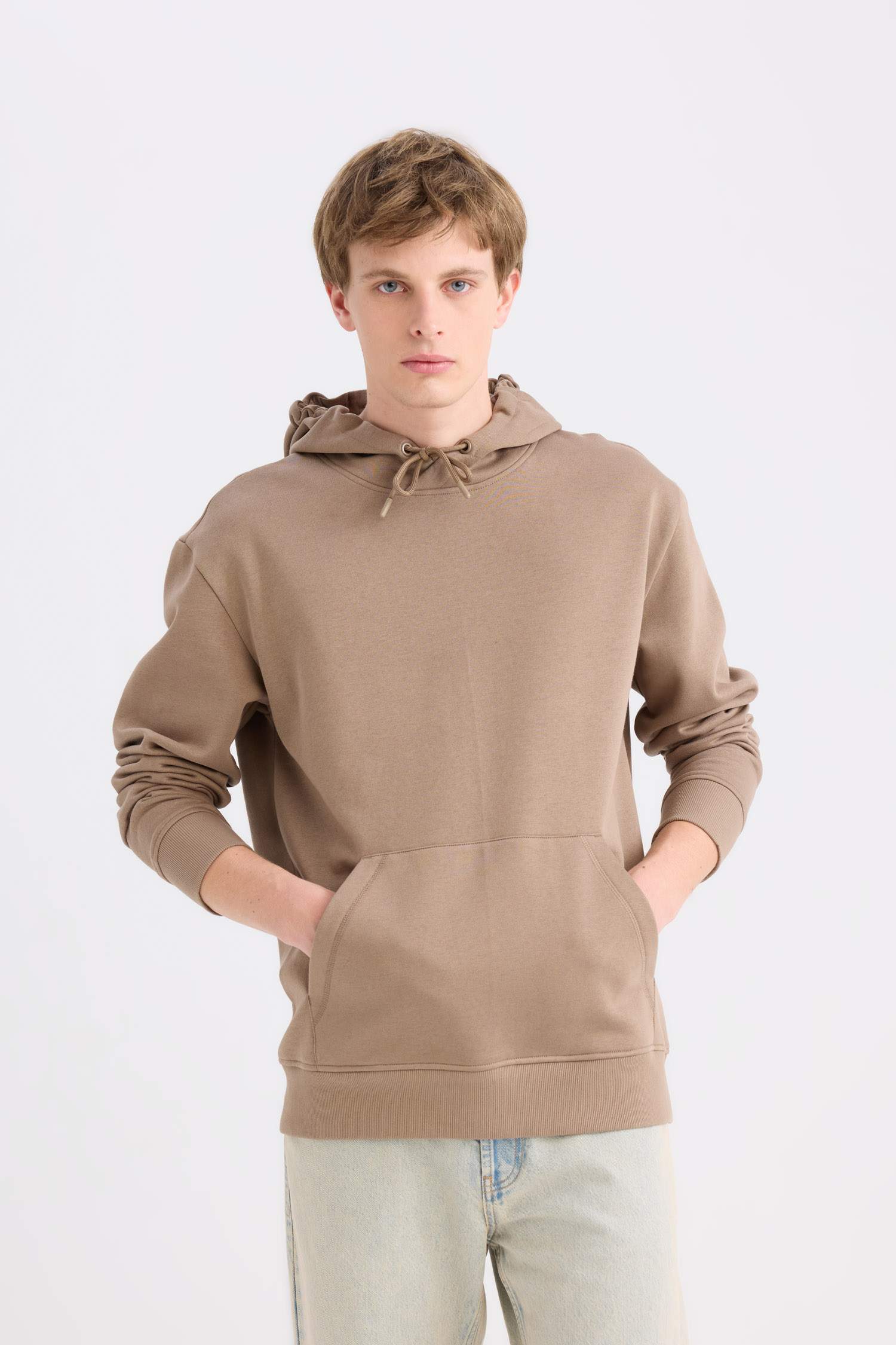 Regular Fit Hooded Kangaroo Pocket Soft Furry Basic Plain Sweatshirt