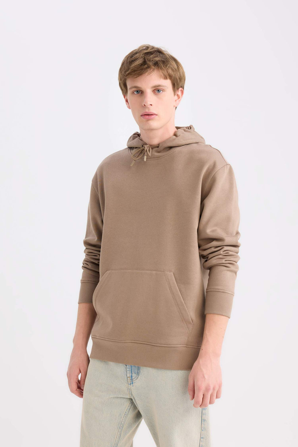 Regular Fit Hooded Kangaroo Pocket Soft Furry Basic Plain Sweatshirt