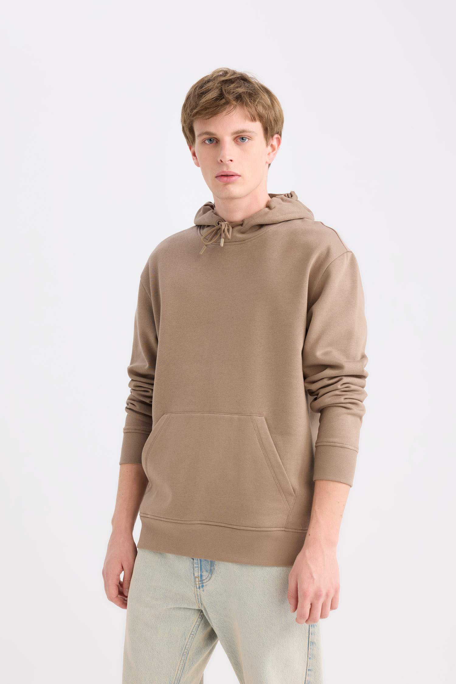 Regular Fit Hooded Kangaroo Pocket Soft Furry Basic Plain Sweatshirt